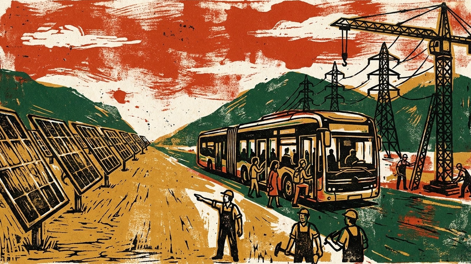 Xilogravura: fileira de painéis solares, um ônibus elétrico articulado recebendo passageiros, torres de transmissão e um guindaste, com operários em primeiro plano