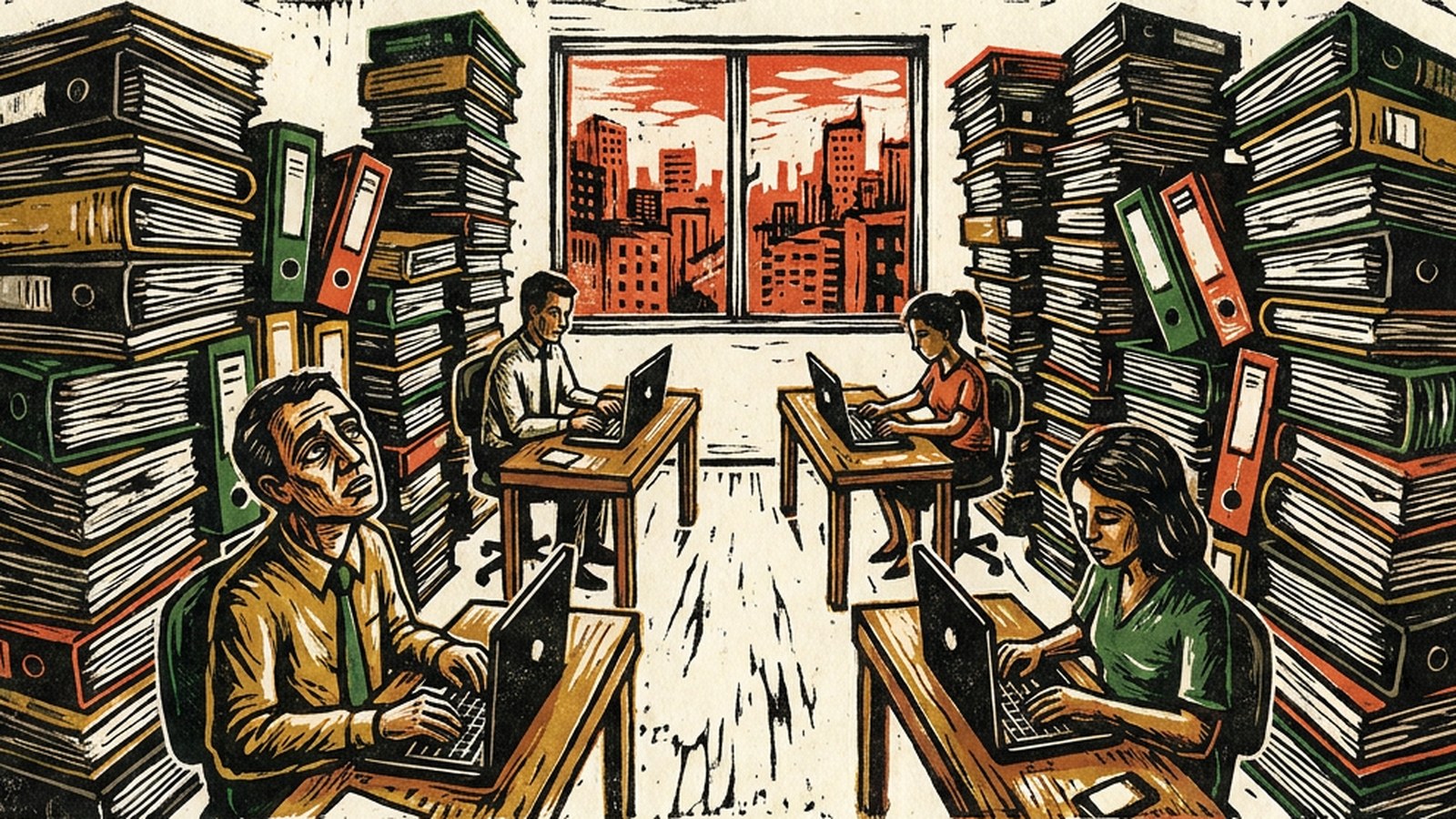 Xilogravura: quatro pessoas trabalham em laptops numa sala pequena, cercadas e encobertas por pilhas de pastas e documentos muito mais altas do que elas
