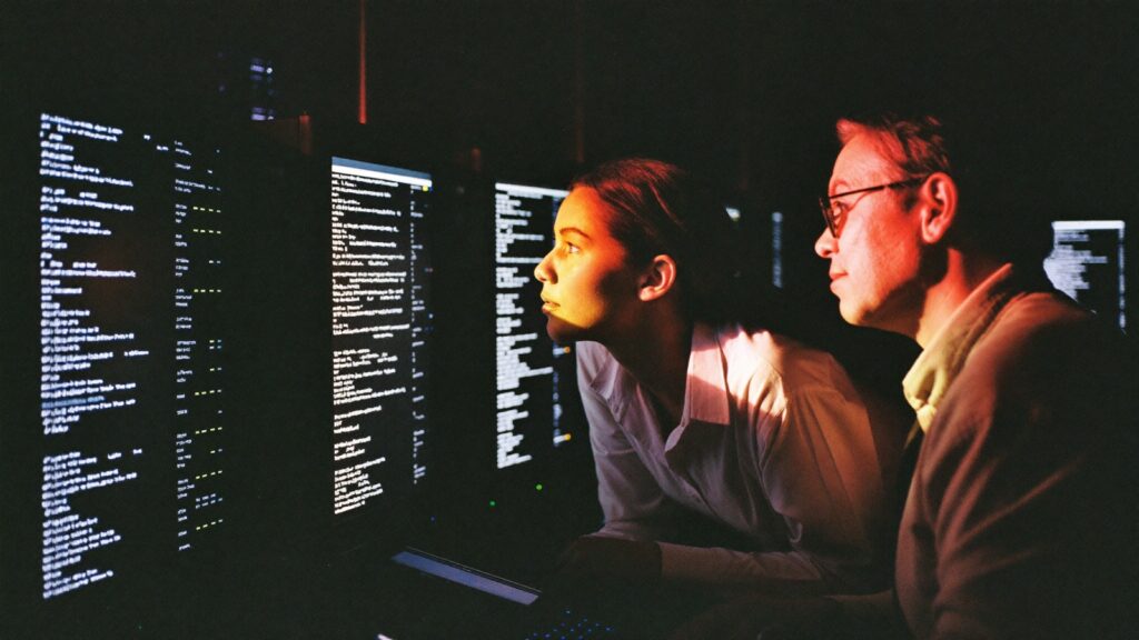 Duas pesquisadoras e um pesquisador analisam visualizações de dados em monitores de um laboratório