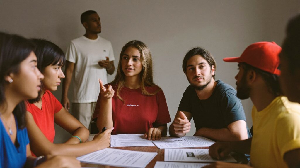 Jovens organizadores discutem em volta de uma mesa coberta de papéis impressos